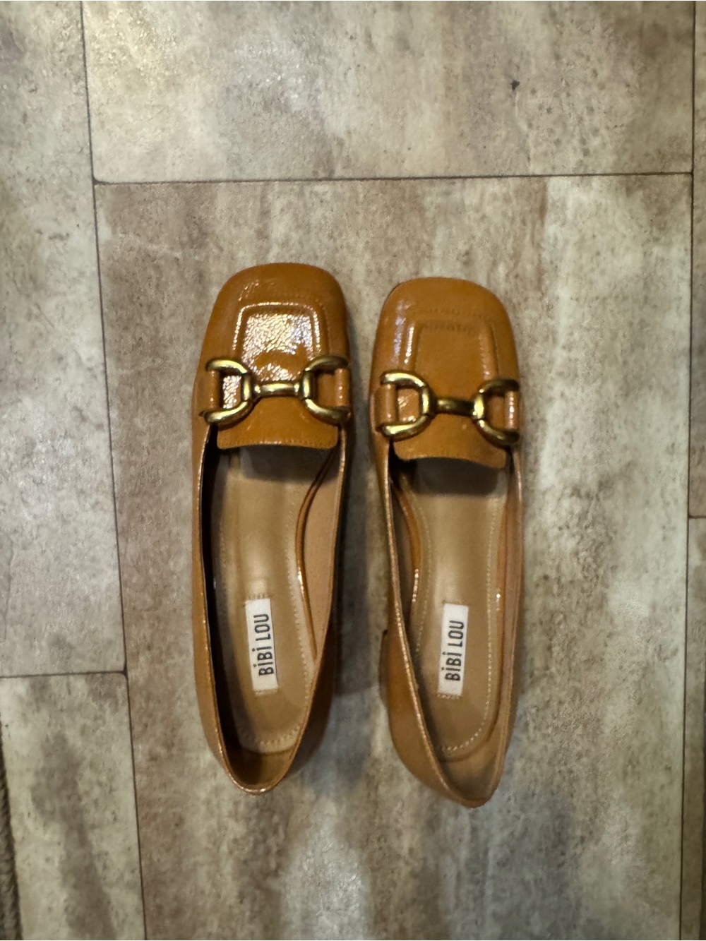 Bibi Lou Women's Tan Leatherette Loafer heels with Gold Buckle